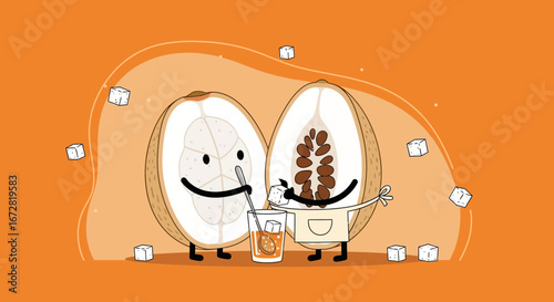 Friendly Fruit Slices Enjoying Refreshing Drink With Sugar Cubes, Happy Concept