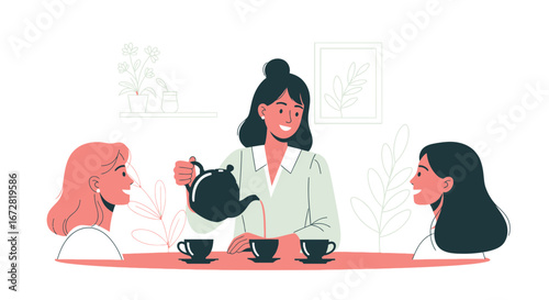 Friendly Gathering Over Tea A Woman Pours Tea For Her Companions