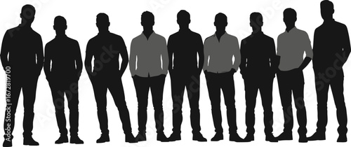 Group of nine confident men standing together in silhouette style, representing teamwork, unity, diversity, business, casual fashion, and collaboration.