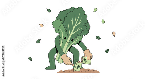 Friendly Lettuce Character Sowing Seeds In Soil Cartoon Vector Illustration