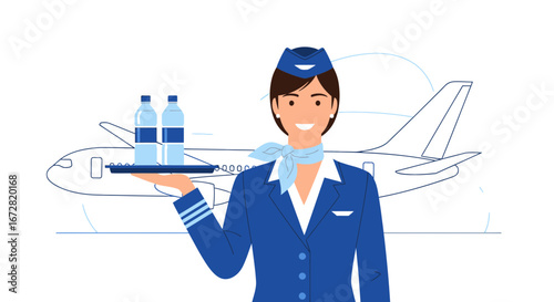 Friendly Stewardess With Two Water Bottles and Airplane Ready for Flight in Clear Sky