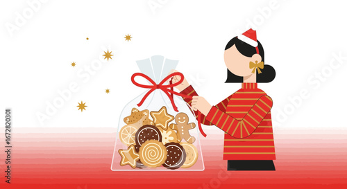 Festive Woman Preparing Christmas Cookies Gift Bag, Festive Baking Treats, Holiday Season