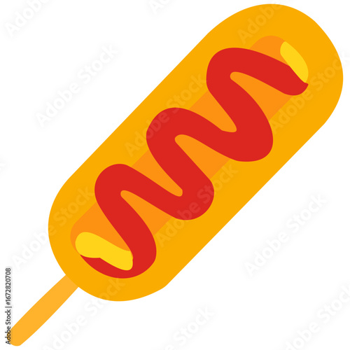 Crispy corndog snack on stick with ketchup topping, popular street food treat loved by kids and adults.