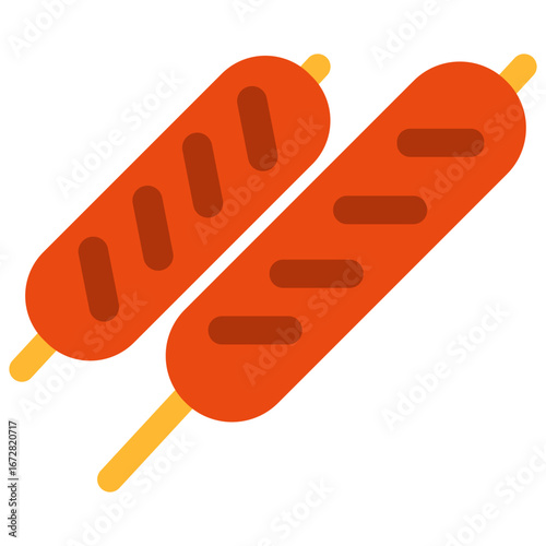 Juicy grilled sausages on stick, smoky and savory street food snack, perfect for parties and outdoor barbecues.