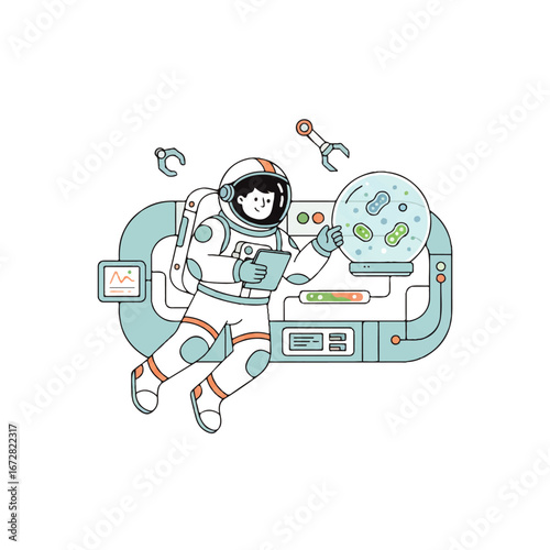 Innovative astronaut exploring new life forms in space laboratory with advanced technology interface