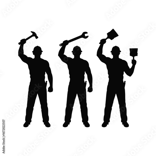 Silhouette of man holding construction tools hammer and brush, handyman repair and builder concept vector