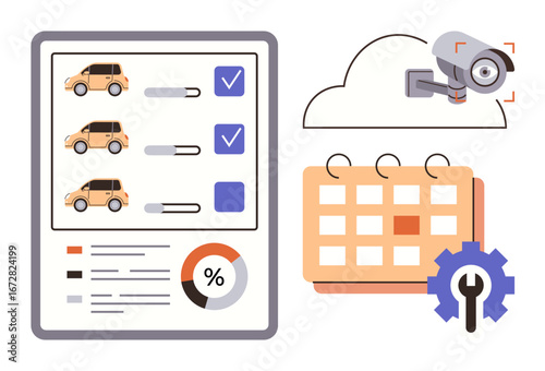 Cars listed in a report with checkboxes, security camera in cloud, calendar, and settings gear. Ideal for fleet management, security, scheduling, analytics, task planning automation simple flat