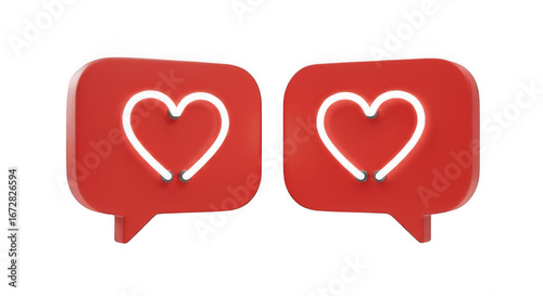 3D Neon Light Heart Like Notification Icons in Red Speech Bubbles Isolated on Transparent PNG Background