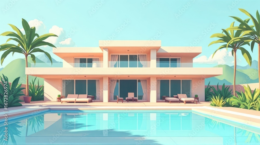 Fototapeta premium Modern Villa with Turquoise Pool and Palm Trees on Sunny Day
