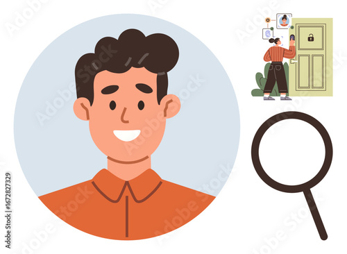 Portrait of a smiling man, figure unlocking a door with keycards, and magnifying glass icon. Ideal for security, identification, user access, privacy, verification, protection and investigation