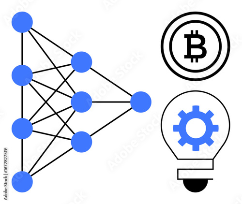 Neural network web with blue nodes, Bitcoin icon, and gear inside a light bulb. Ideal for AI, cryptocurrency, blockchain, innovation, technology development, fintech automation simple flat metaphor