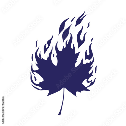 Burning maple leaf silhouette representing autumn wildfires or climate change threat