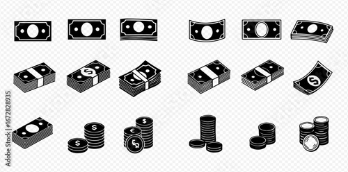 Isometric illustration of money, including flat bills, stacks of bills, and stacks of coins.