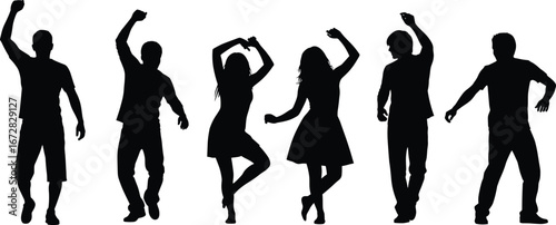Silhouettes of men and women dancing in stylish poses, perfect for party themes, celebrations, entertainment, vector art, and motion.