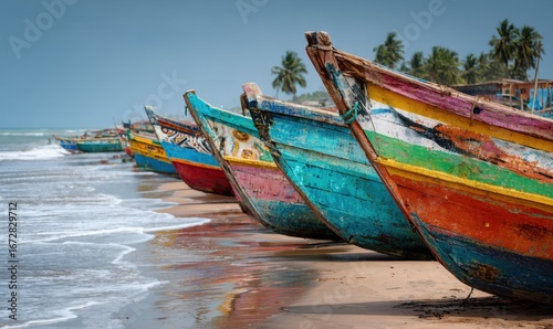 Fototapeta Naklejka Na Ścianę i Meble -  Colorful fishing boats on a sandy beach