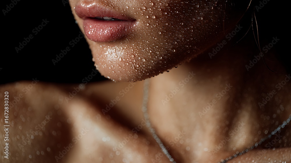 Fototapeta premium The skin on the shoulders and neck is moist, with tiny water droplets and a shiny reflection.