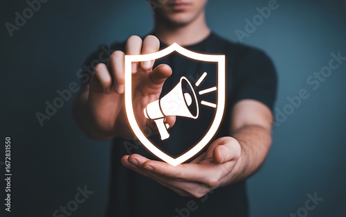 Person holding a shield with a megaphone symbol, representing advertising security, announcement protection, alert, safety, and the concept of secure communication and promotion