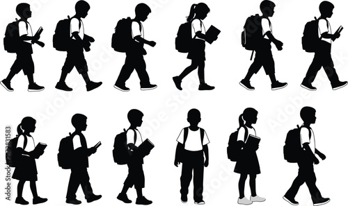 Vector silhouettes of children walking with backpacks and books, representing education, school commute, learning, childhood, and student daily activities.
