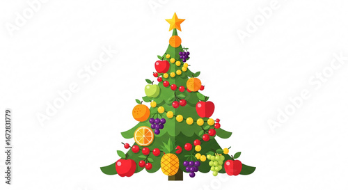 Festive Christmas Tree Decorated with Fresh Fruits and Ornaments on a White Isolated Background