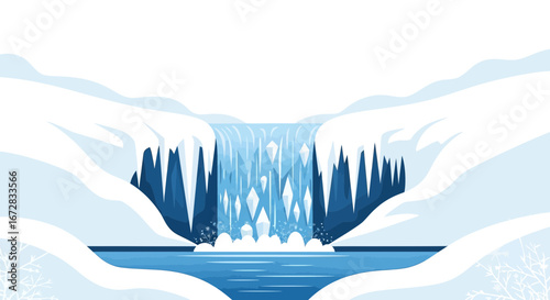 Frozen Waterfall Scene Amidst Snowy Winter Landscape Illustrative Digital Vector Art