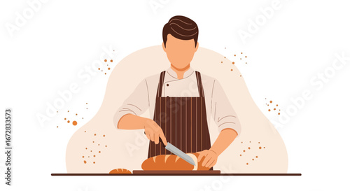Hand Drawn Baker Cutting Fresh Loaf Bread and Displaying Culinary Skill Professionally
