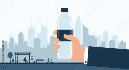 Hand Holding a Water Bottle in a City Environment Symbolizing Urban Hydration