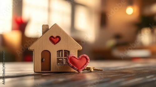 Wooden miniature house with red hearts, symbolizing homeownership.