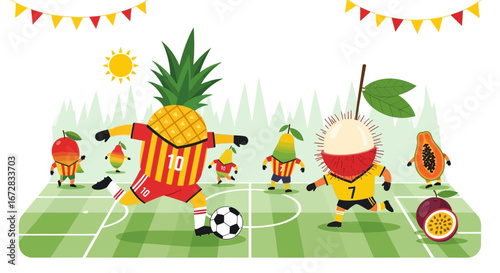 Fruit Soccer Match: Pineapple Athlete Kicks the Soccer Ball on a Lush Green Field