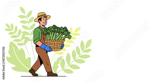 Happy Agronomist Carries Freshly Harvested Celery in Wicker Basket on a Sunny Day