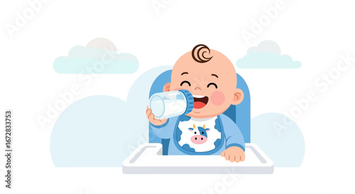 Happy Baby Eating Milk With Joy In A Blue Chair Against A White Background