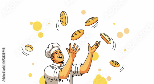Happy Baker Juggling Freshly Baked Bread Displaying Expertise In Culinary Arts