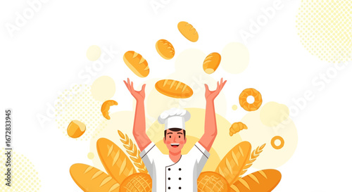 Happy Baker Joyfully Juggling Bread Loaves Illustration For Bakery Store Advertisement