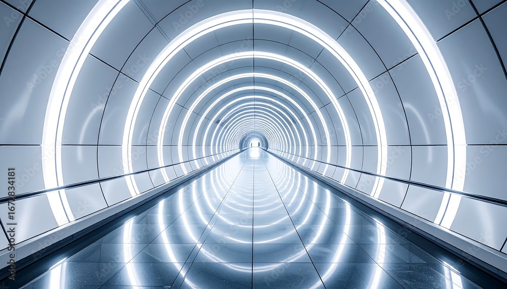 Fototapeta premium Illuminated Futuristic Tunnel with Glowing Circular Arches and Reflective Floor Creating an Endless Perspective of Modern High-Tech Design