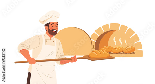 Happy Baker Taking Bread From Stone Oven With Wooden Peel in Bakery Shop
