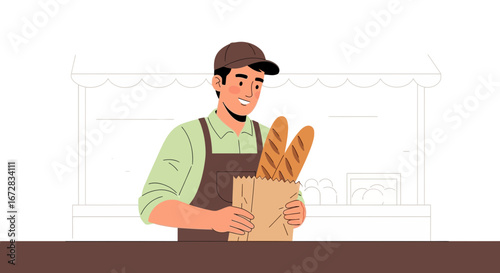 Happy Baker With Baguettes Working At Bakery Shop Selling Bread