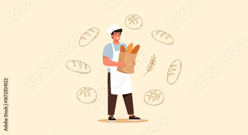 Happy Baker With Bread, Freshly Baked Goods, And Delicious Loaves For Enjoyment