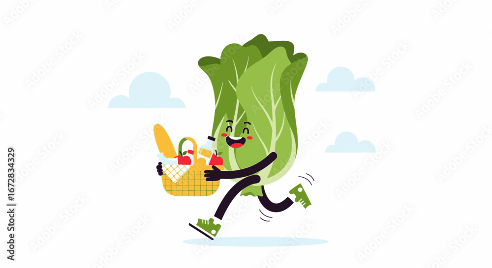 Obraz premium Happy Cabbage Character Embarking on a Cheerful Picnic Adventure in a Sunny Setting