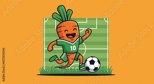 Happy Carrot Athlete Kicking Football On Soccer Field Smiling With Enthusiasm