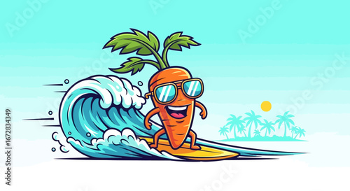 Happy Carrot Character Surfing Big Wave At Tropical Beach Cartoon Illustration