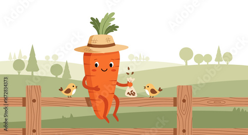 Happy Carrot Overseeing a Garden, Smiling With Birds and Seeding on a Wooden Fence in a Countryside
