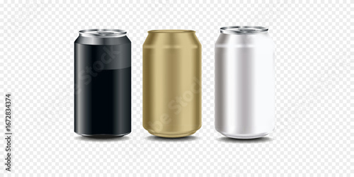 Vector realistic 3d empty glossy metal white, black and silver beer pack or can set visual 330ml. Can be used for lager, alcohol, soft drink, soda, fizzy pop, lemonade, cola, energy drink