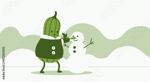 Funny Cucumber Builds Snowman in Winter Landscape: Whimsical Illustration for Festive Season