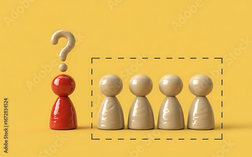 A red pawn figure with a question mark stands apart from a selected group, symbolizing the process of recruitment, hiring a unique candidate, and choosing the right leader for a team