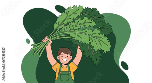 Happy Child Demonstrates Harvest of Fresh And Healthy Leafy Green Vegetables