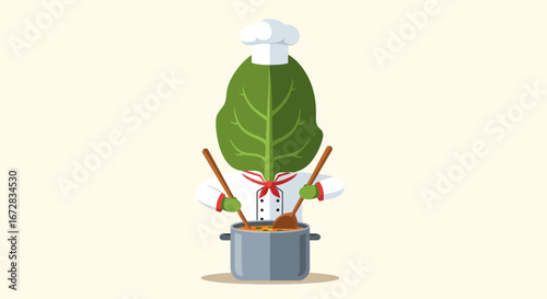 Funny Leaf Chef Cooking Delicious Vegetable Soup in a Kitchen Setting