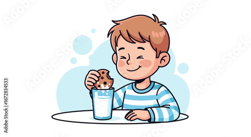 Happy Child Dunking Cookie In Milk, Sweet Treat And Joyful Childhood Moment