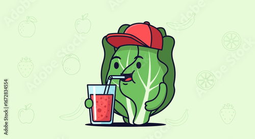 Funny Lettuce Character Enjoying a Refreshing Smoothie with a Stylish Red Baseball Cap On