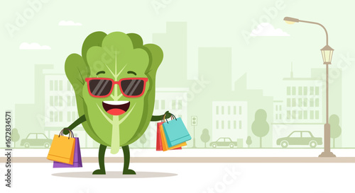 Funny Lettuce Character Sporting Sunglasses and Carrying Shopping Bags in the City