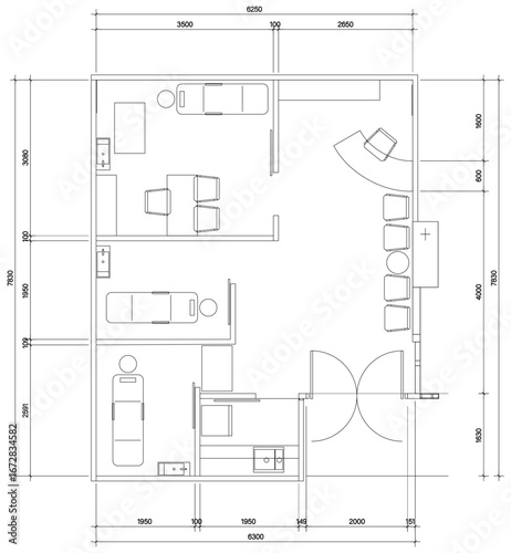 2D Vector Layout Plan of Clinic Interior with Waiting Area, Examination Room, and Reception Counter