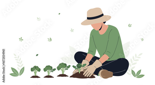 Gardener Cultivating Broccoli, Planting Seedlings, Healthy Living, Organic Farming in Illustration